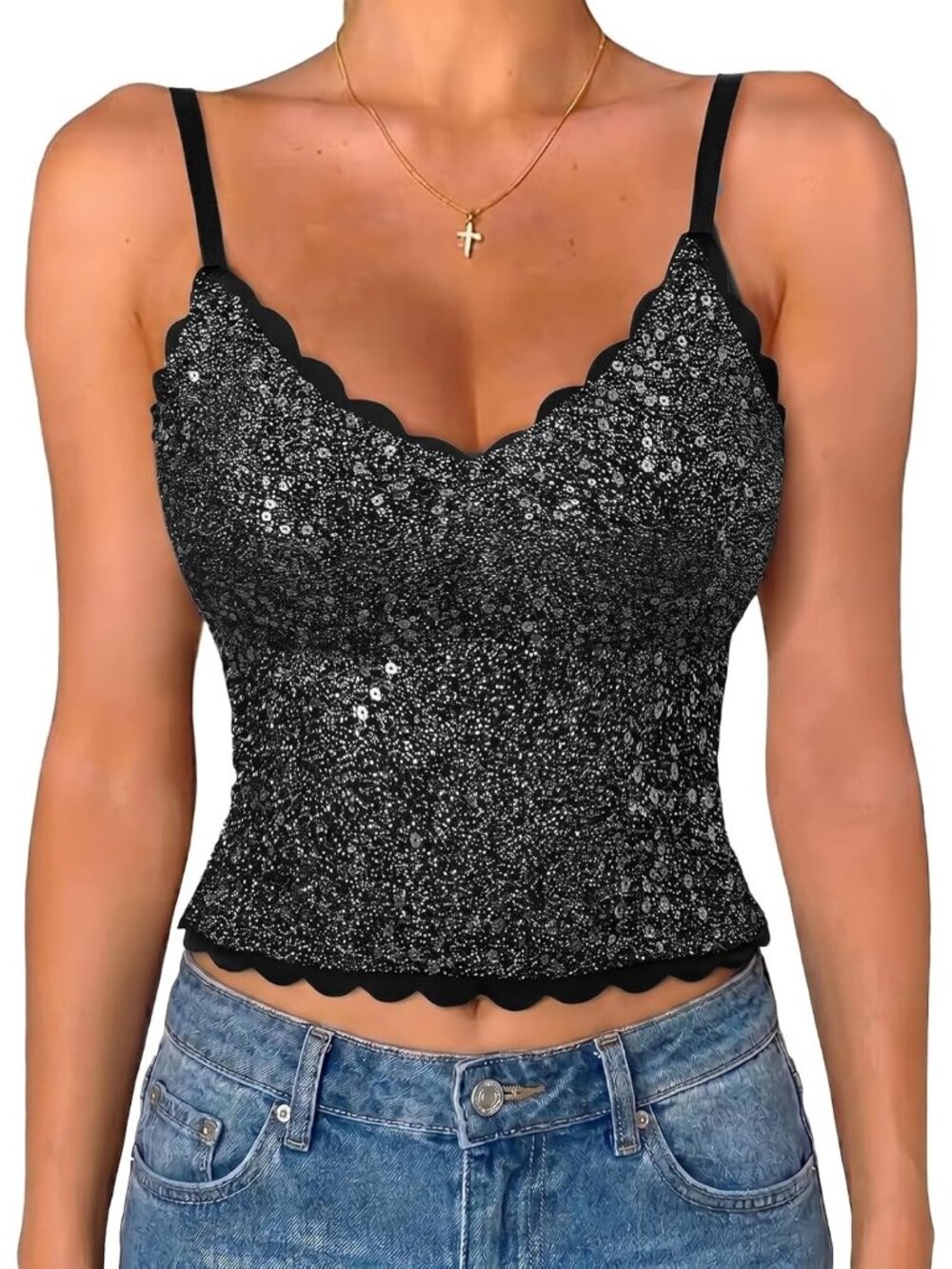 🆕Women's All Black Built in Bra Tank Tops Sequin Sparkly  Sleeveless Shirts